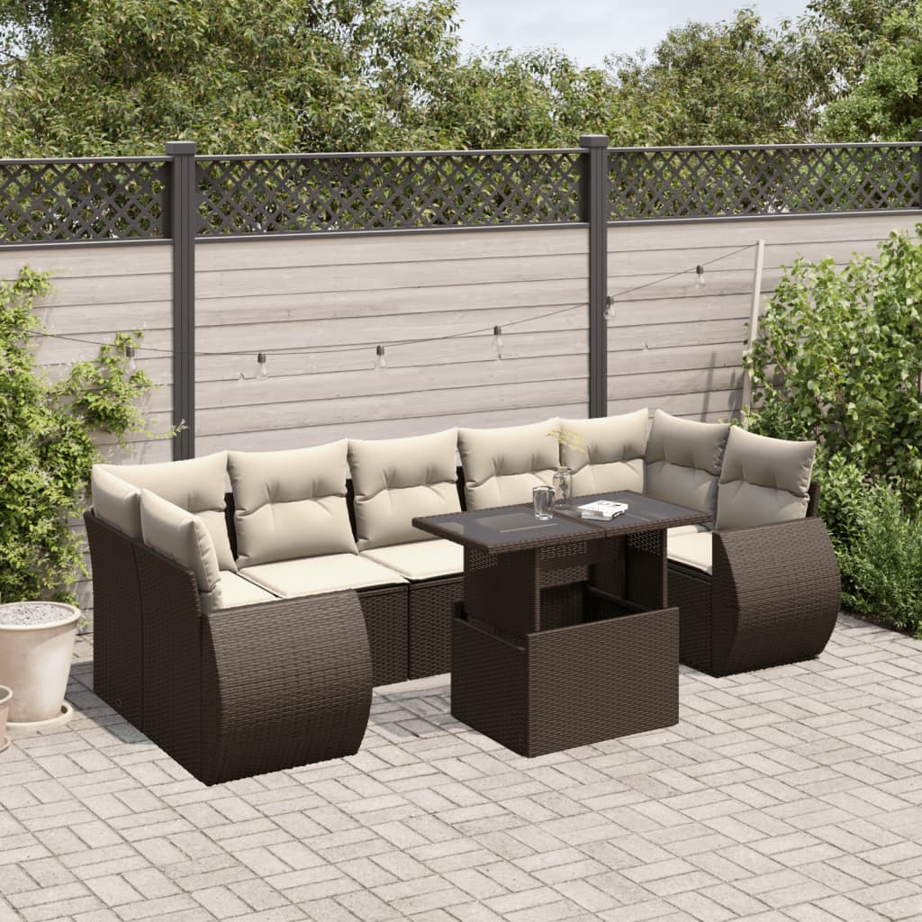 8 Pcs conjunto sofás de jardim c/ almofadões vime PE castanho