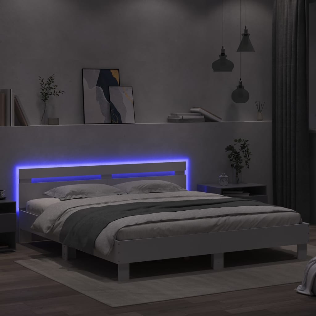 Estrutura de cama com cabeceira e luzes LED 200x200 cm branco