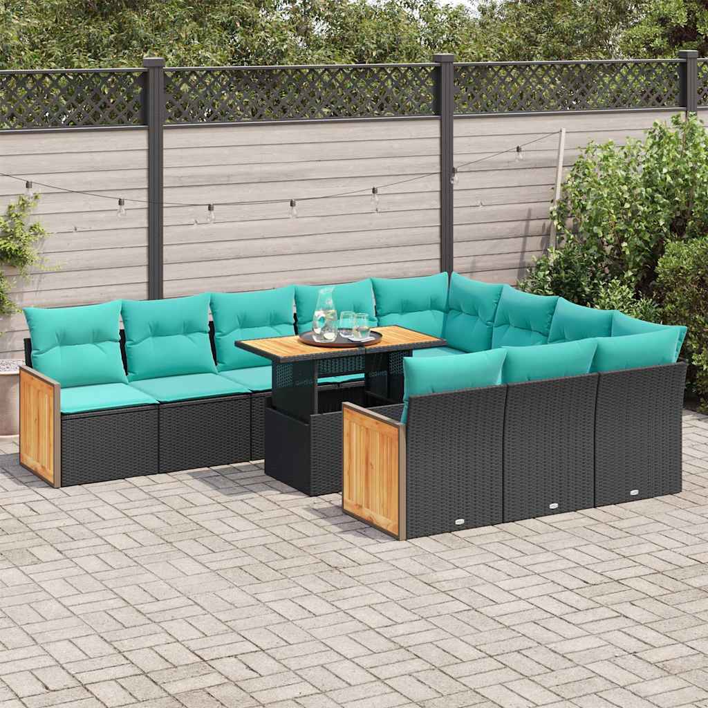 11 Pcs conjunto sofás jardim c/ almofadões vime PE/acácia preto
