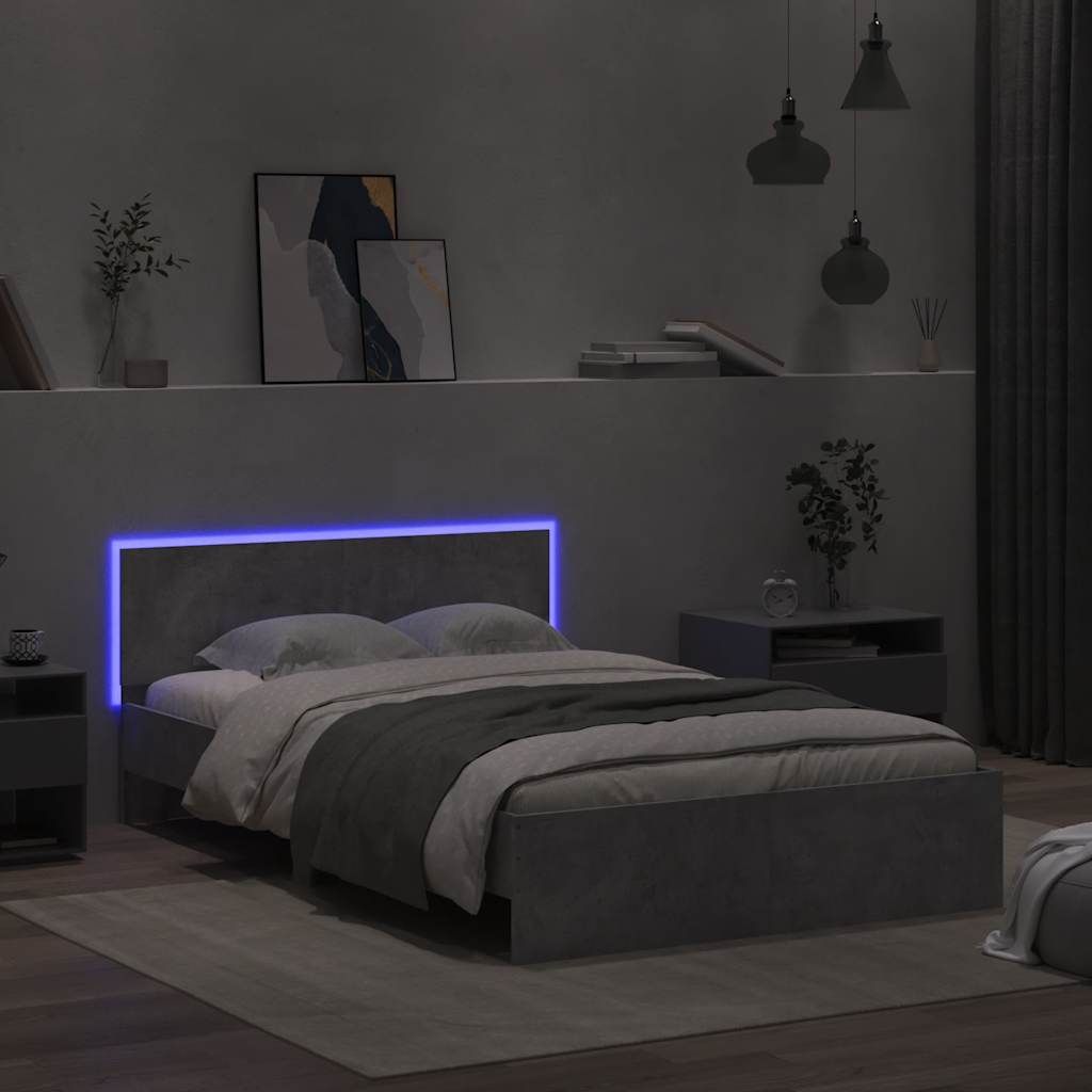 Estrutura cama cabeceira e luzes LED 135x190cm cinzento cimento