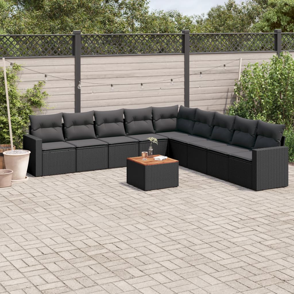 10 Pcs conjunto sofás de jardim c/ almofadões vime PE preto