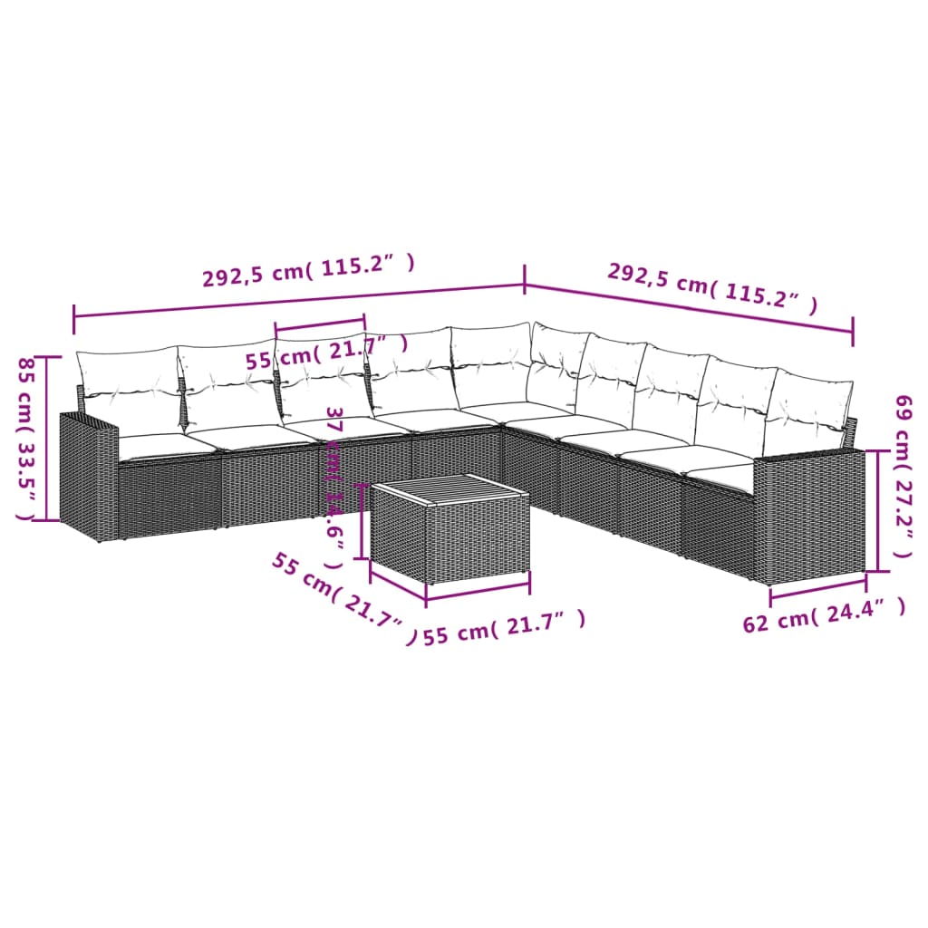 10 Pcs conjunto sofás de jardim c/ almofadões vime PE preto