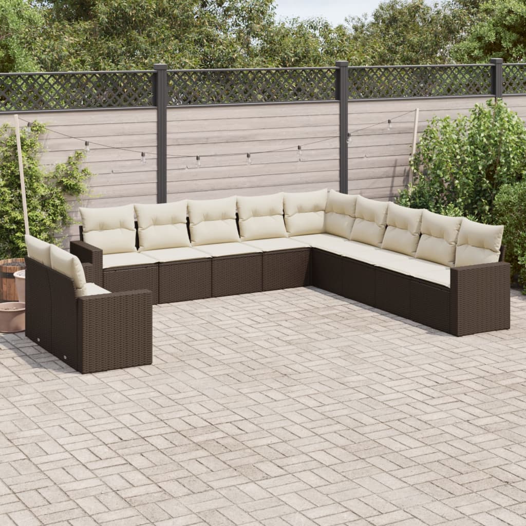 11 Pcs conjunto sofás de jardim c/ almofadões vime PE castanho