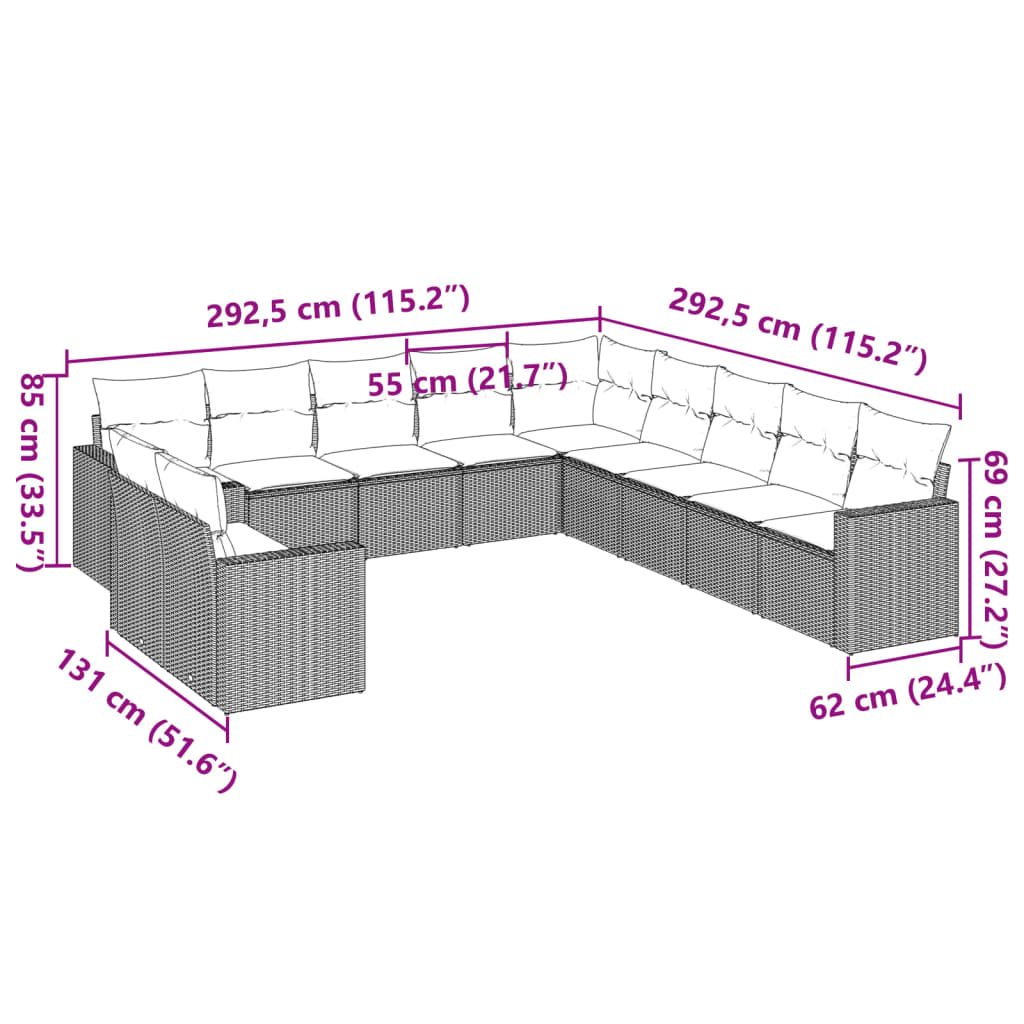 11 Pcs conjunto sofás de jardim c/ almofadões vime PE castanho
