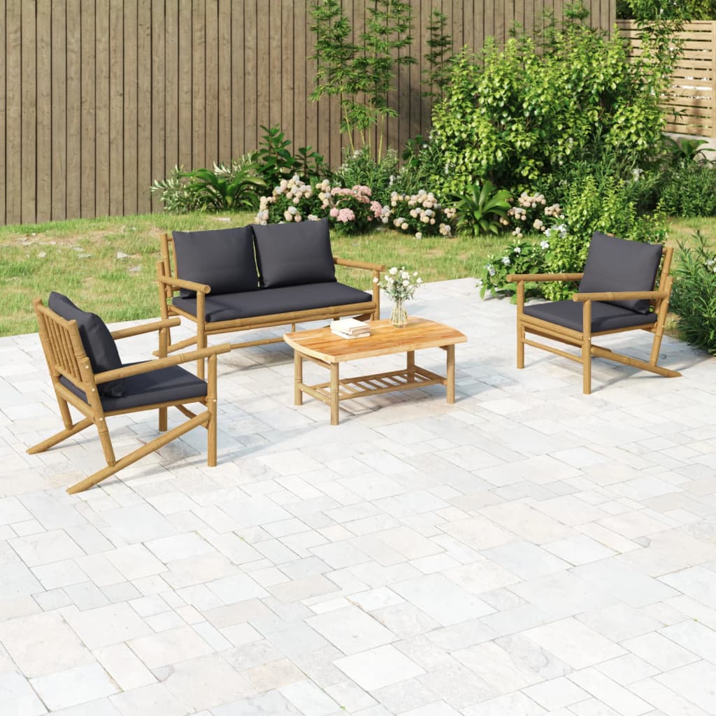 4Pcs conj. lounge de jardim bambu c/ almofadões cinzento-escuro