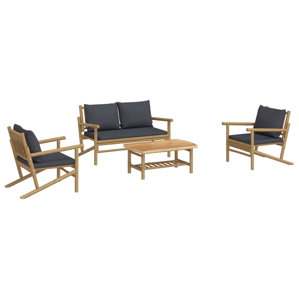 4Pcs conj. lounge de jardim bambu c/ almofadões cinzento-escuro