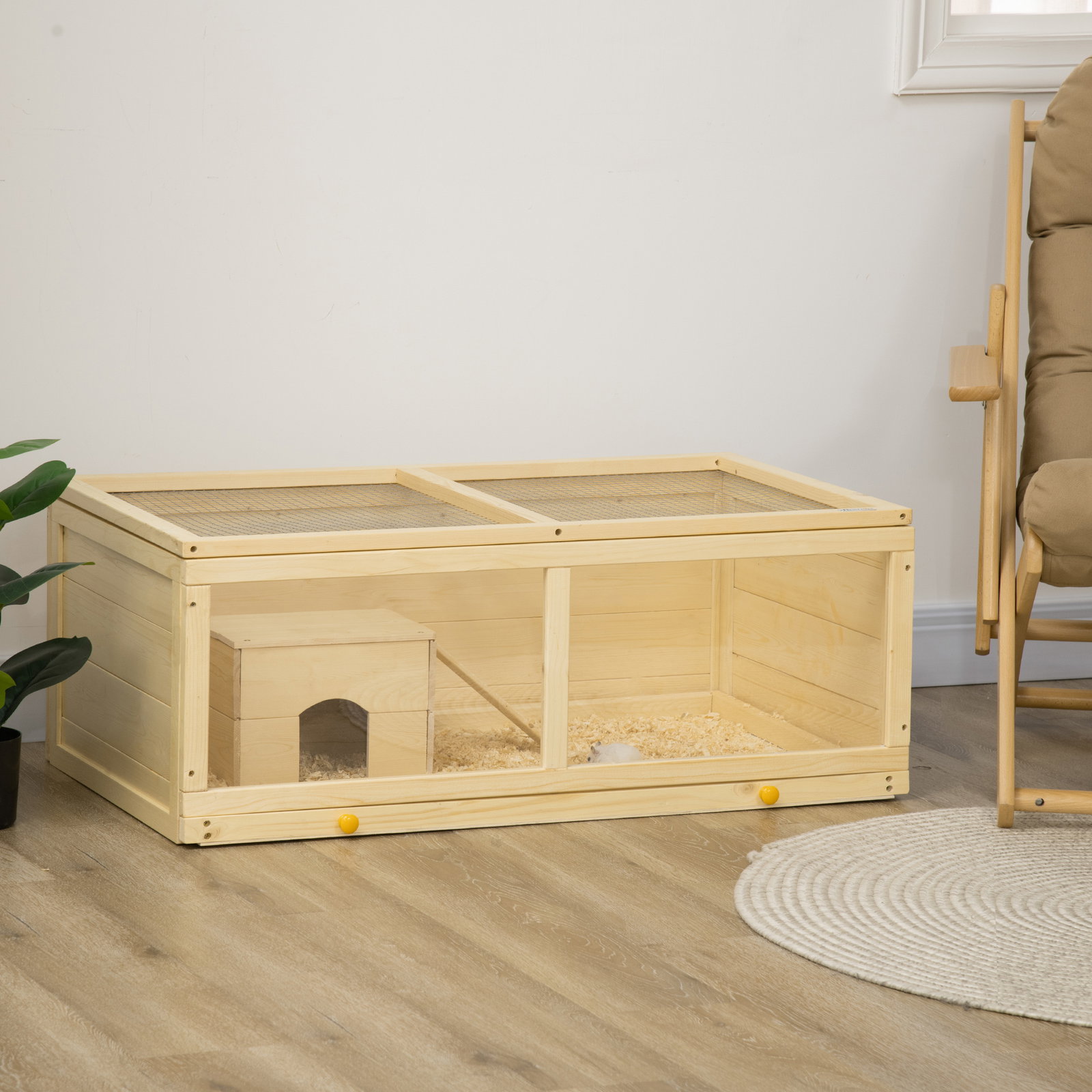 Gaiola para hamster de madeira casa para roedores com tampa abatível painel de acrílico bandeja amovível 100x58x38cm madeira