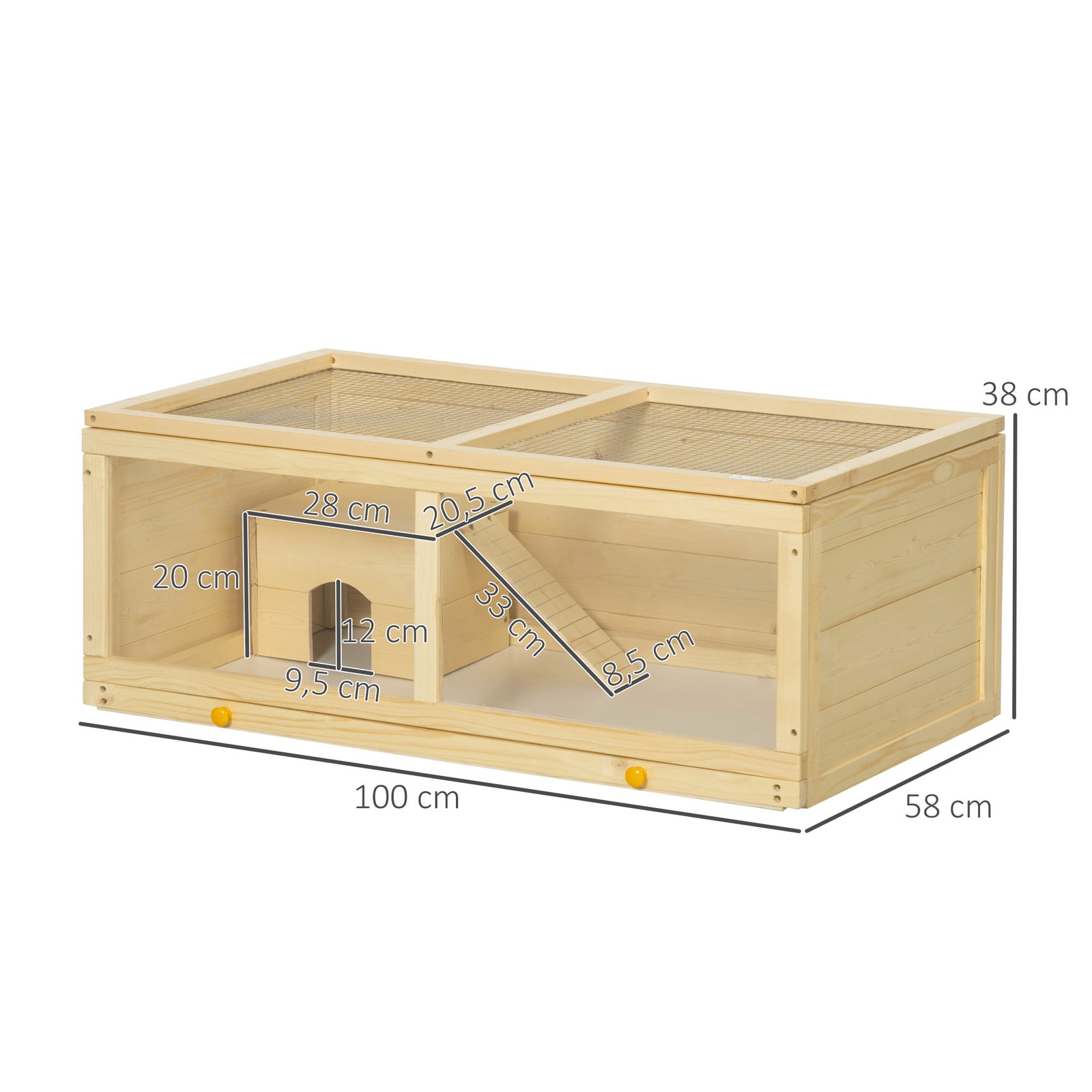 Gaiola para hamster de madeira casa para roedores com tampa abatível painel de acrílico bandeja amovível 100x58x38cm madeira