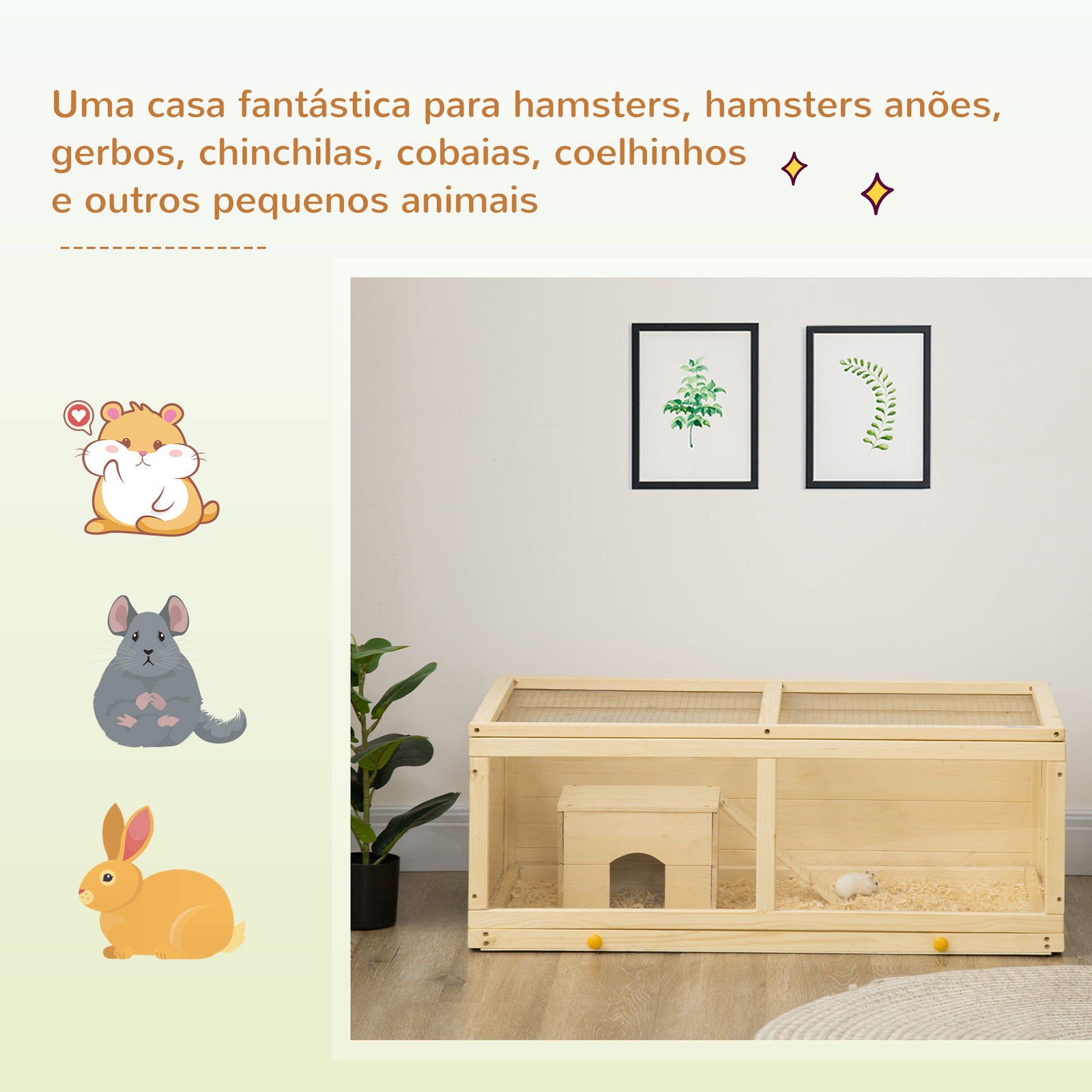 Gaiola para hamster de madeira casa para roedores com tampa abatível painel de acrílico bandeja amovível 100x58x38cm madeira