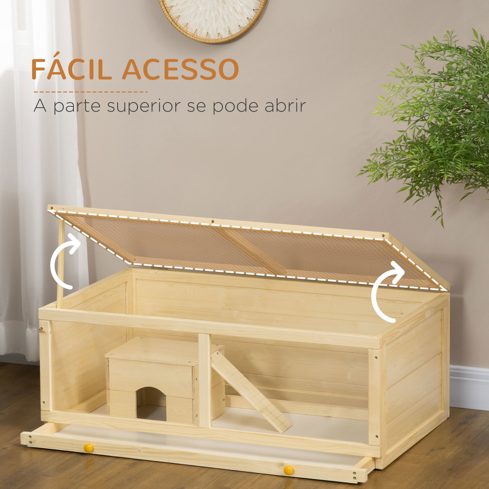 Gaiola para hamster de madeira casa para roedores com tampa abatível painel de acrílico bandeja amovível 100x58x38cm madeira