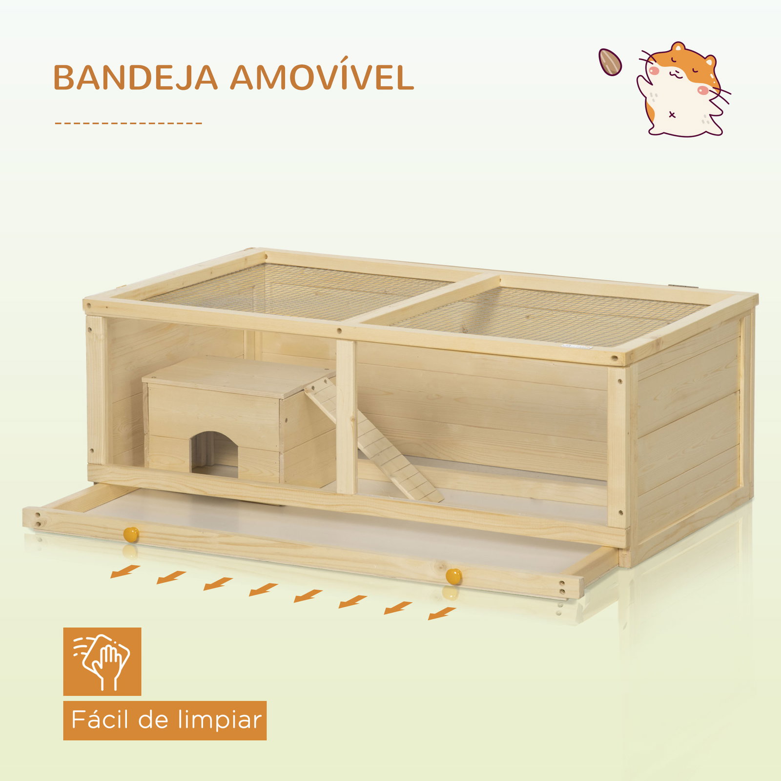 Gaiola para hamster de madeira casa para roedores com tampa abatível painel de acrílico bandeja amovível 100x58x38cm madeira