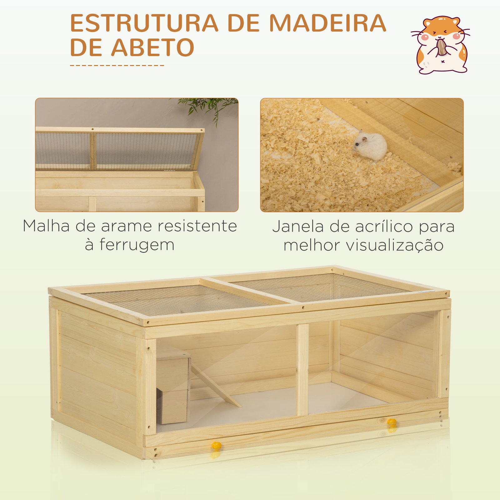 Gaiola para hamster de madeira casa para roedores com tampa abatível painel de acrílico bandeja amovível 100x58x38cm madeira