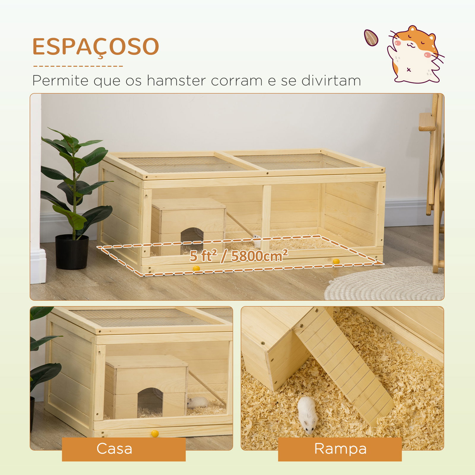 Gaiola para hamster de madeira casa para roedores com tampa abatível painel de acrílico bandeja amovível 100x58x38cm madeira