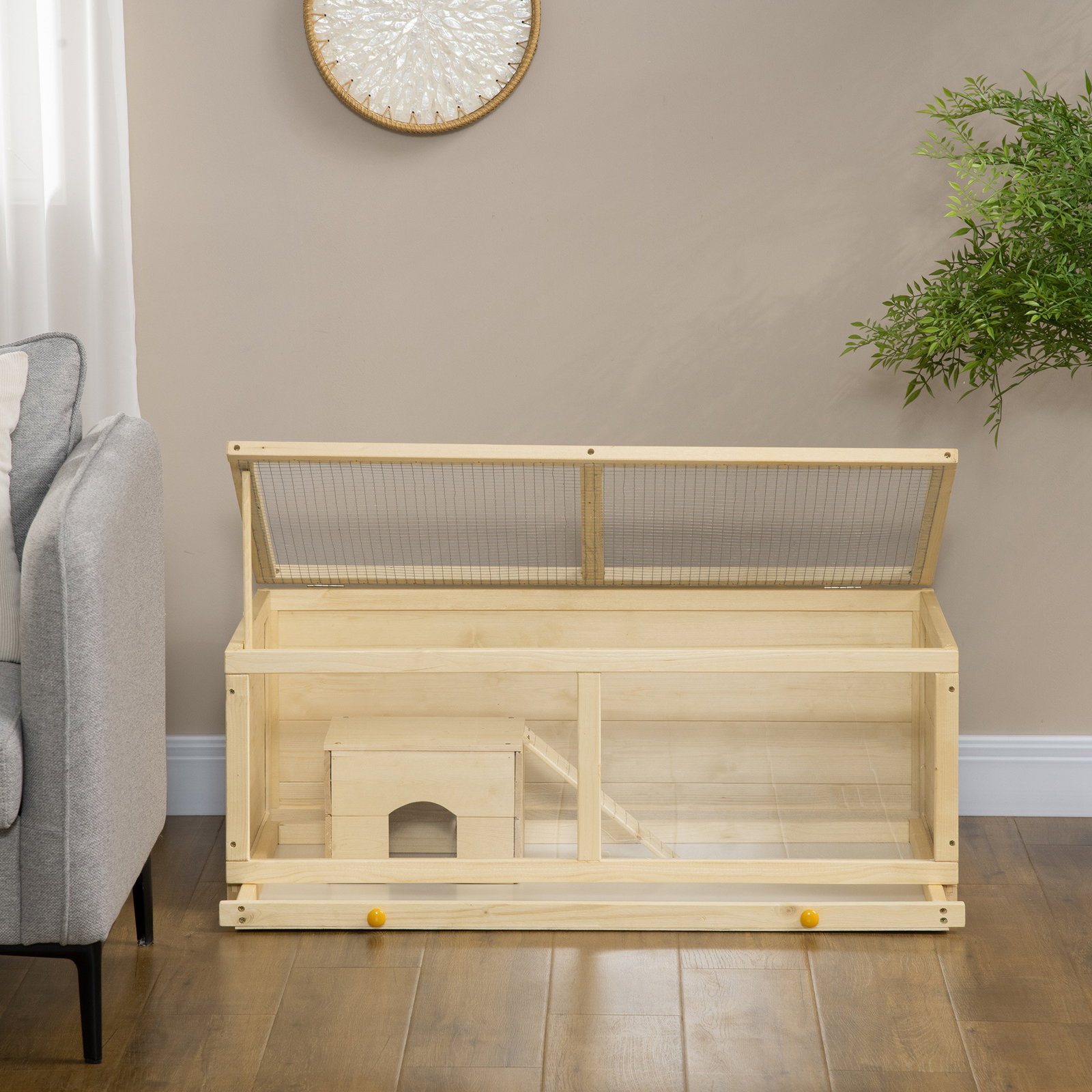 Gaiola para hamster de madeira casa para roedores com tampa abatível painel de acrílico bandeja amovível 100x58x38cm madeira