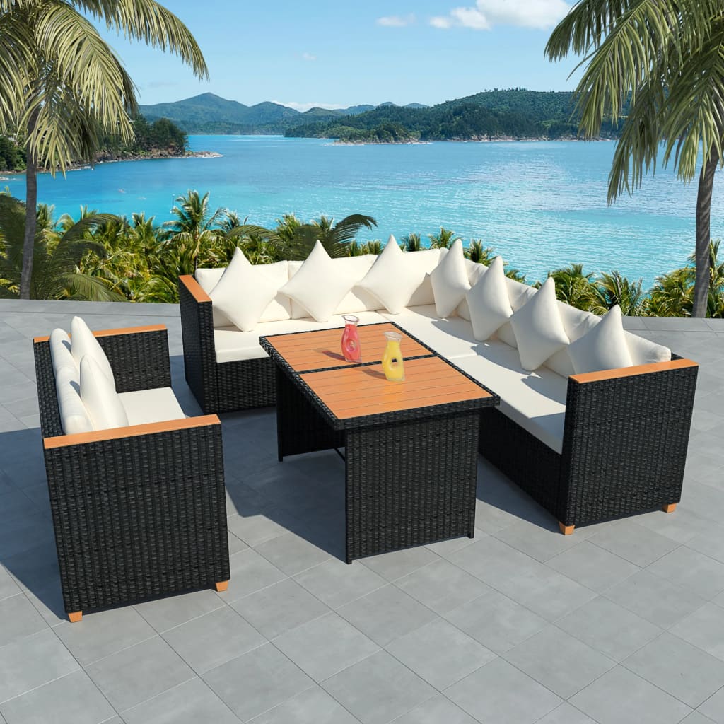 5 Pcs conjunto lounge de jardim c/ almofadões vime PE preto