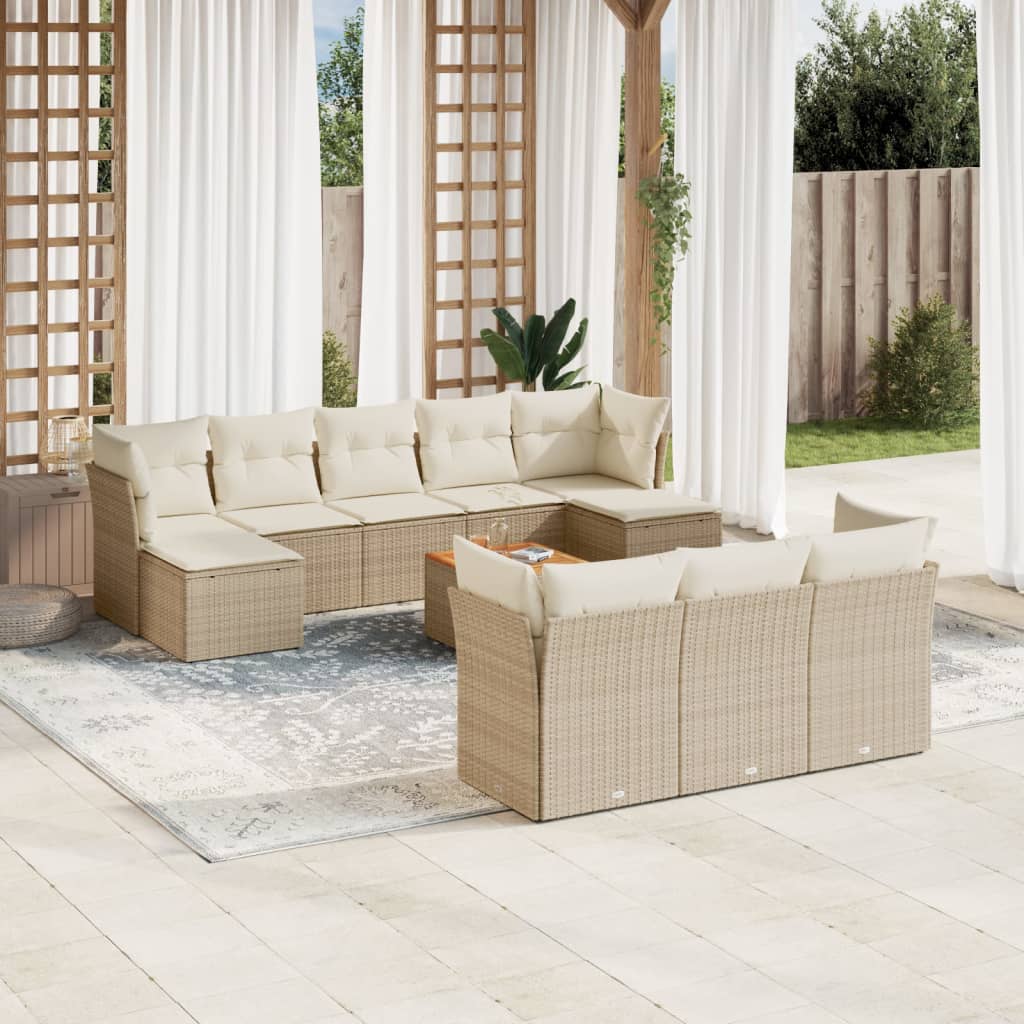 11 Pcs conjunto sofás de jardim c/ almofadões vime PE bege