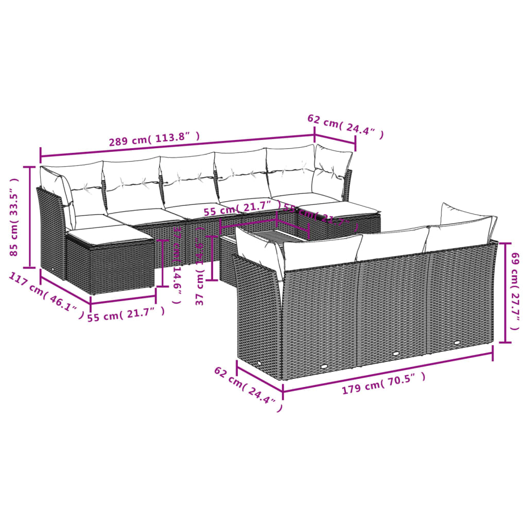 11 Pcs conjunto sofás de jardim c/ almofadões vime PE bege