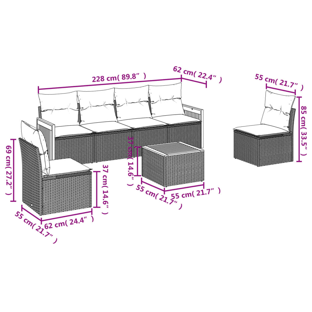 7 Pcs conjunto de sofás p/ jardim com almofadões vime PE bege