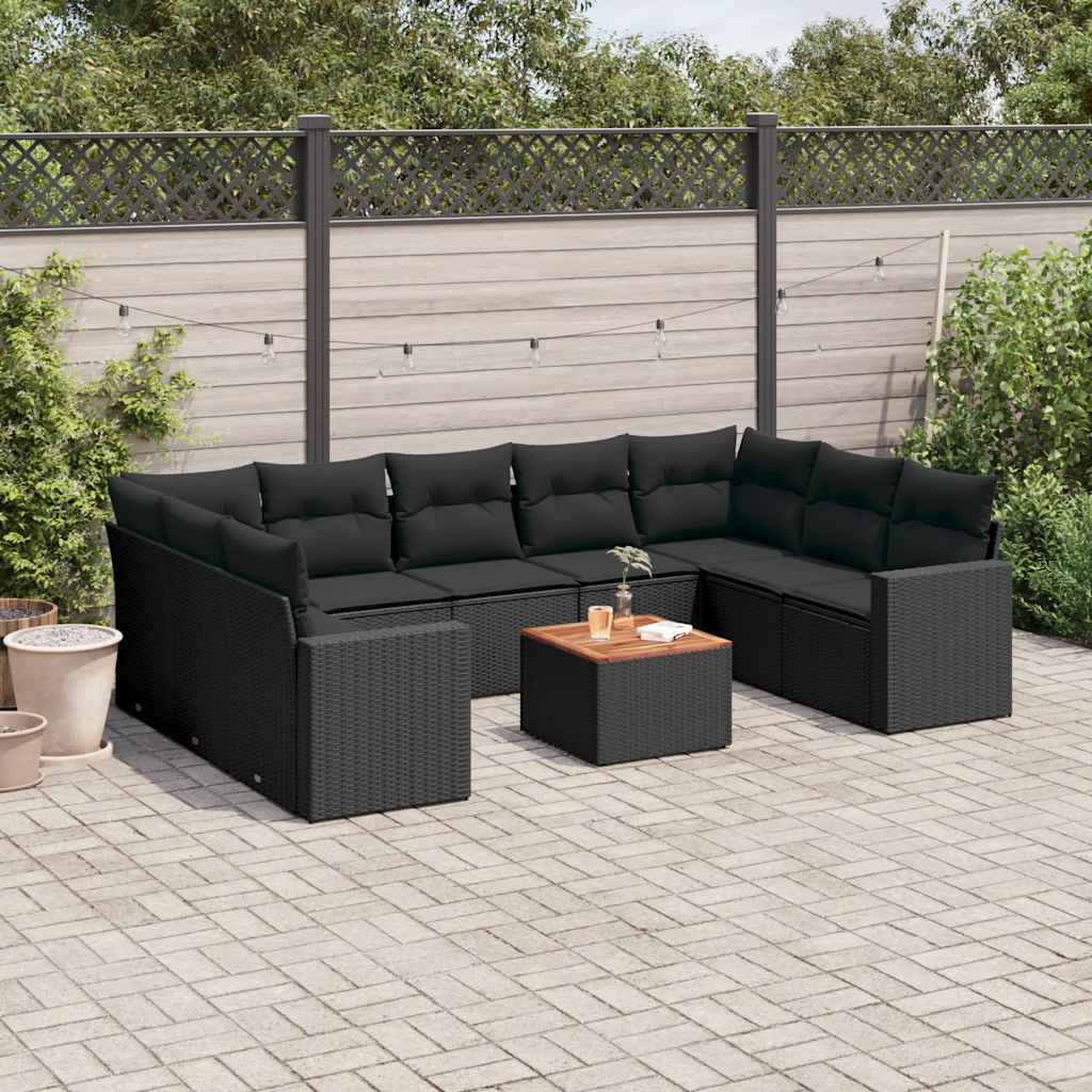 10 Pcs conjunto sofás de jardim c/ almofadões vime PE preto