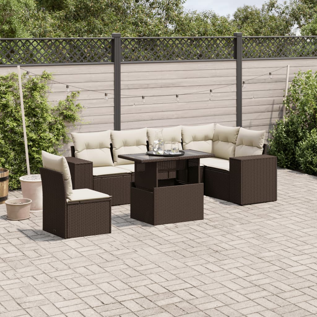 7 Pcs conjunto de sofás jardim c/ almofadões vime PE castanho