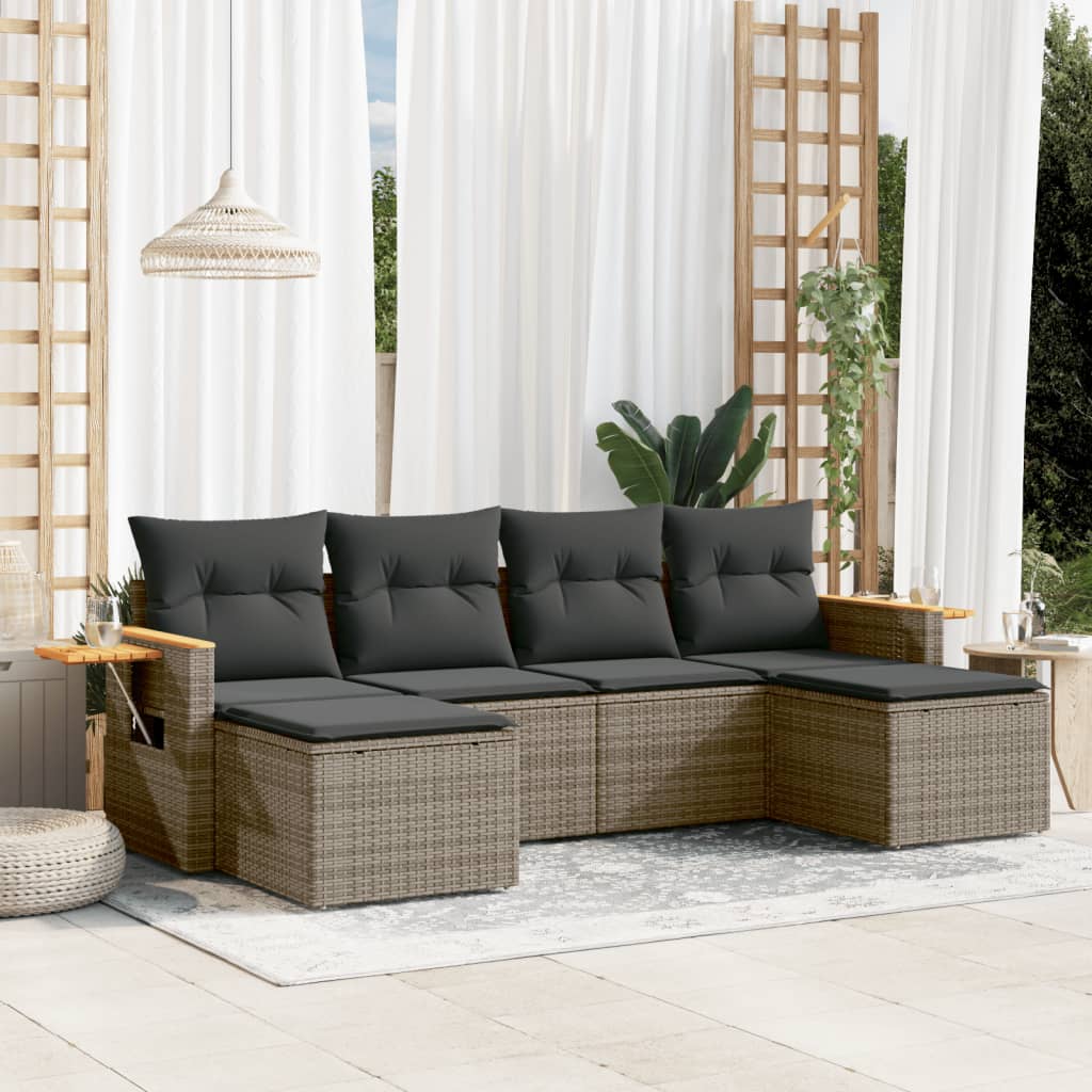 6 Pcs conjunto sofás de jardim com almofadões vime cinzento