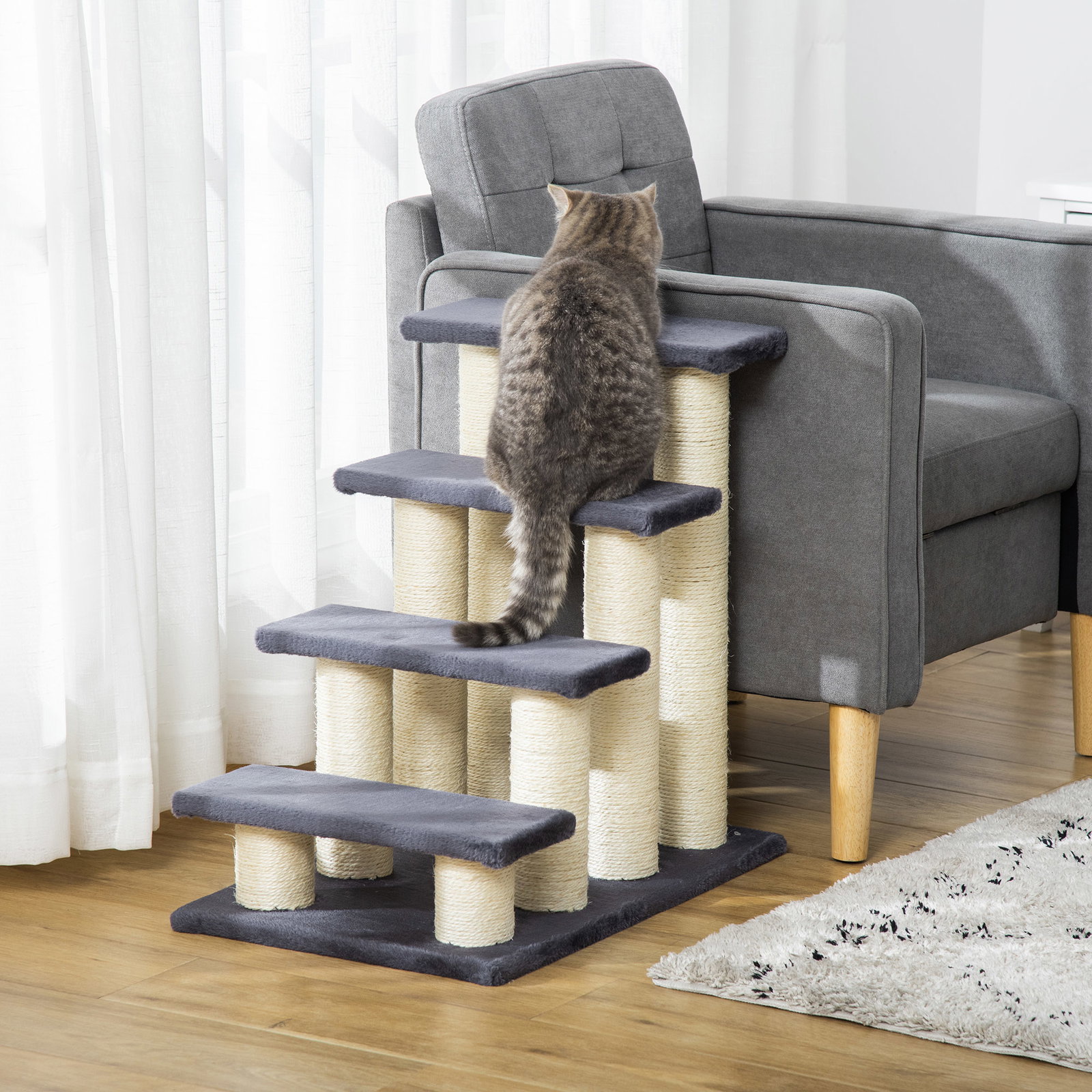 Escadas para animais de estimação 60x42x61 cm escadas para gatos pequenos cães mais velhos cobertura macia arranhador estável 4 degraus cinza