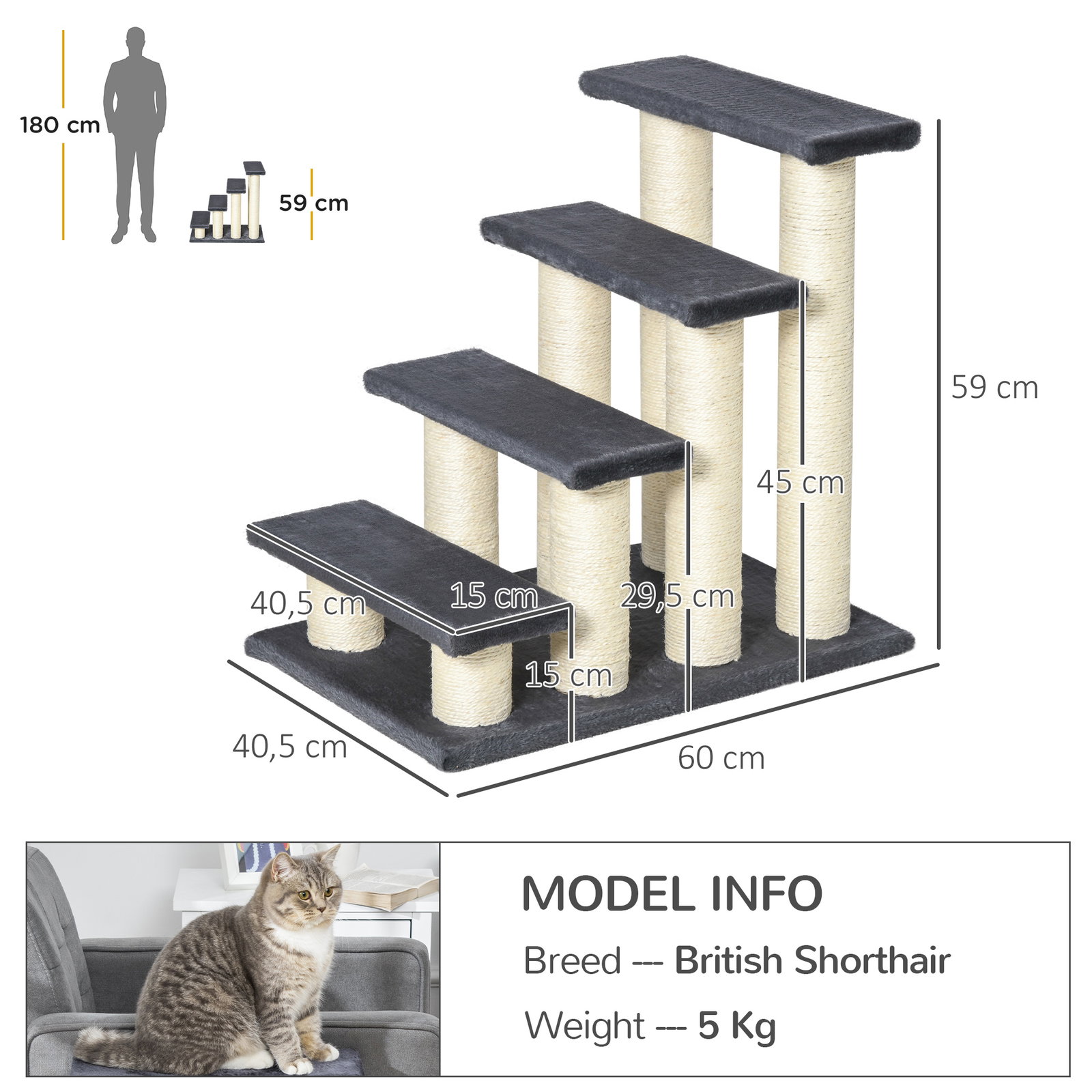 Escadas para animais de estimação 60x42x61 cm escadas para gatos pequenos cães mais velhos cobertura macia arranhador estável 4 degraus cinza