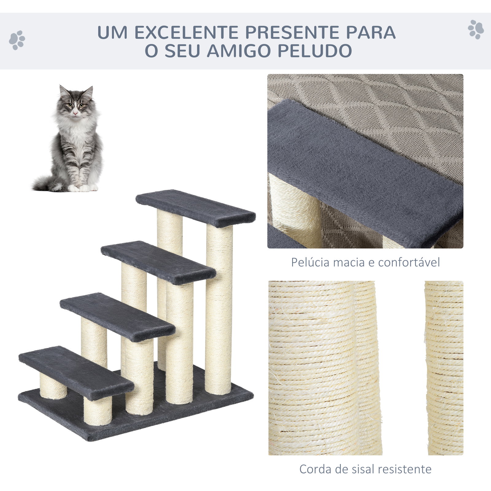 Escadas para animais de estimação 60x42x61 cm escadas para gatos pequenos cães mais velhos cobertura macia arranhador estável 4 degraus cinza