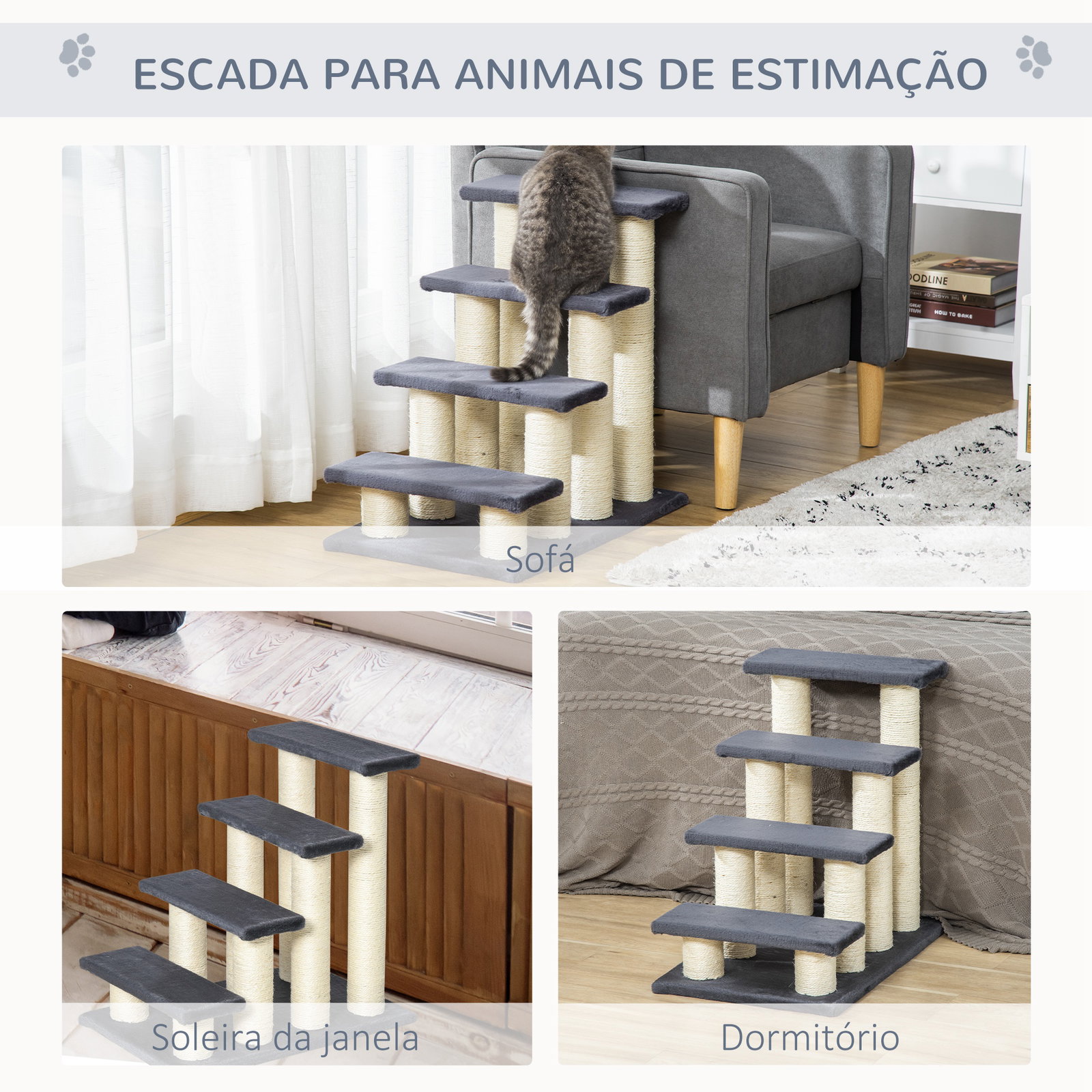 Escadas para animais de estimação 60x42x61 cm escadas para gatos pequenos cães mais velhos cobertura macia arranhador estável 4 degraus cinza