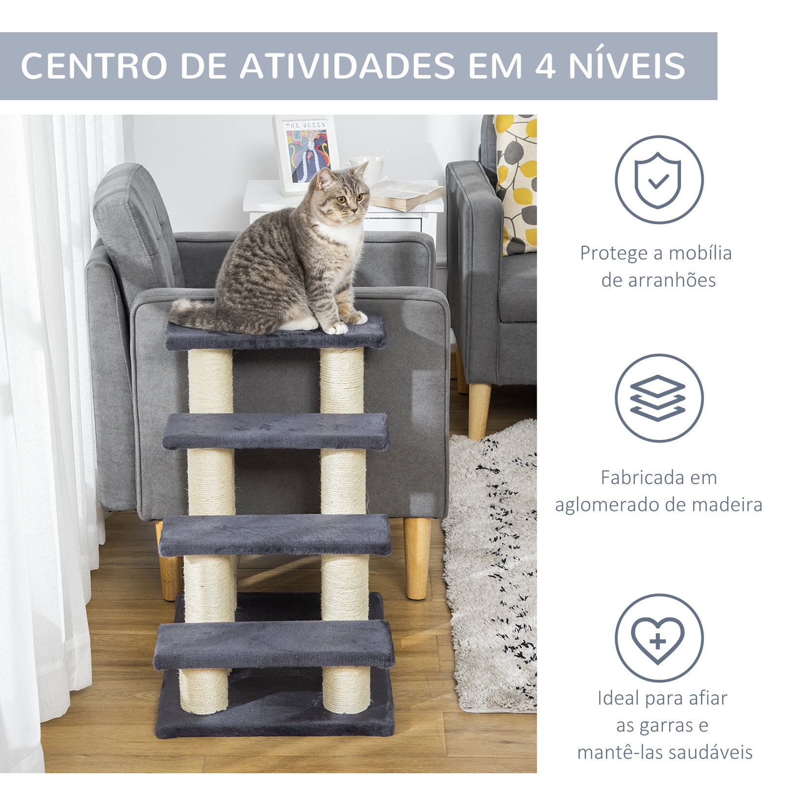 Escadas para animais de estimação 60x42x61 cm escadas para gatos pequenos cães mais velhos cobertura macia arranhador estável 4 degraus cinza