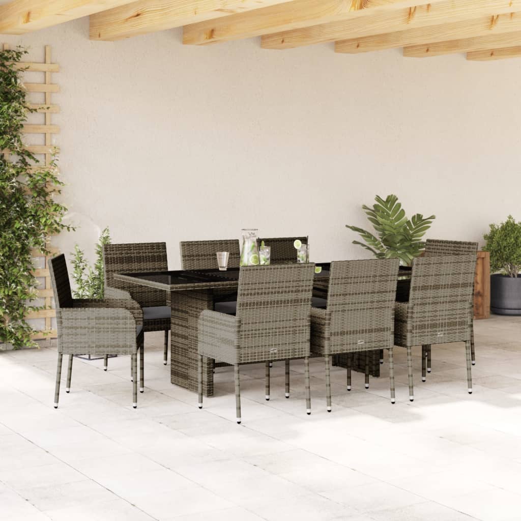9 Pcs conjunto de jantar p/ jardim c/ almofadões vime PE cinza
