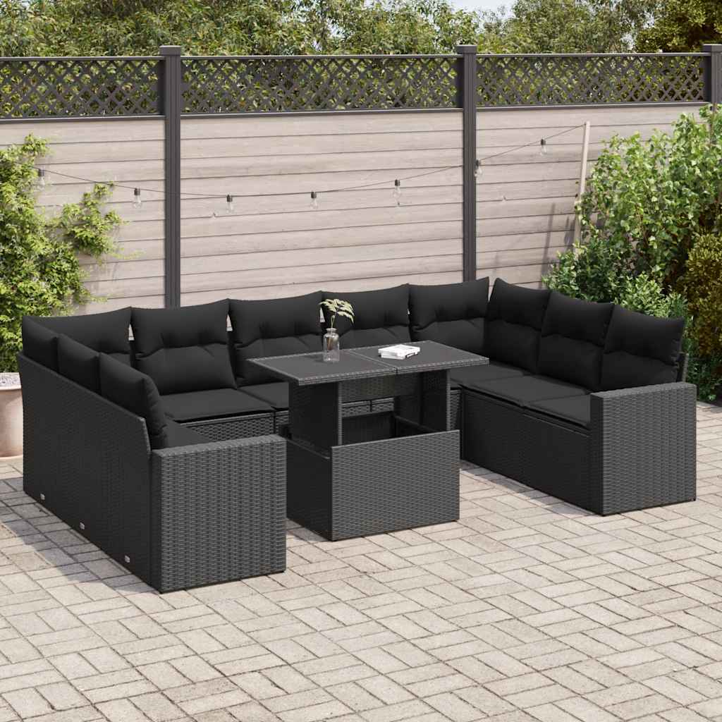 10 Pcs conjunto sofás de jardim c/ almofadões vime PE preto