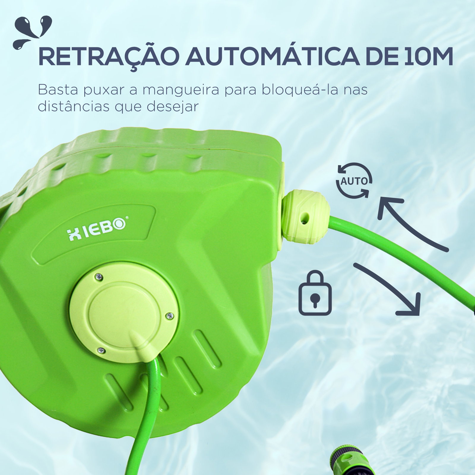 Carrete para mangueira 10m+1m enrolador de mangueira montado na parede enrolador automático 180º giratório 35,5x11,x5x27,5cm verde
