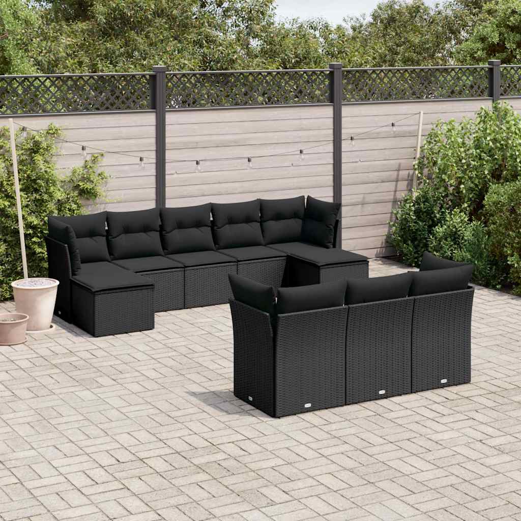 10 Pcs conjunto sofás de jardim c/ almofadões vime PE preto