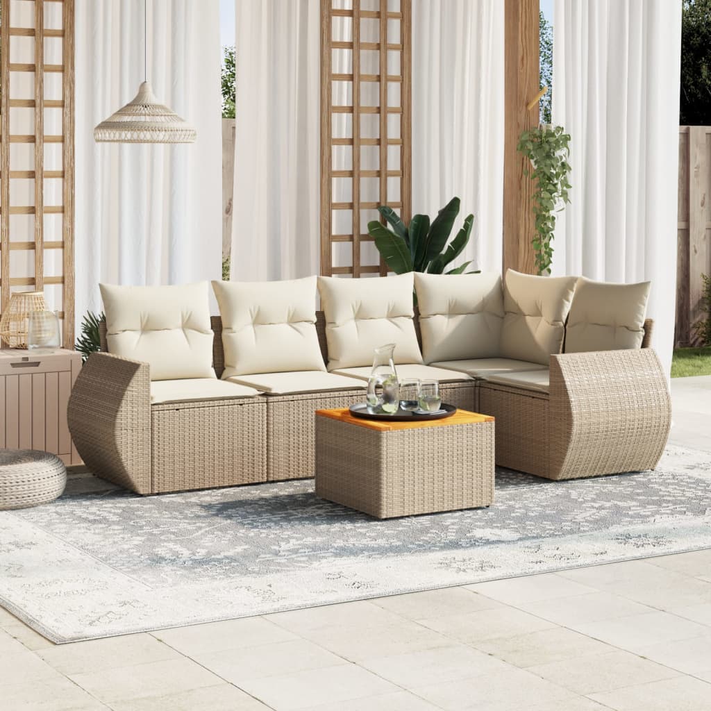 6 Pcs conjunto de sofás p/ jardim com almofadões vime PE bege