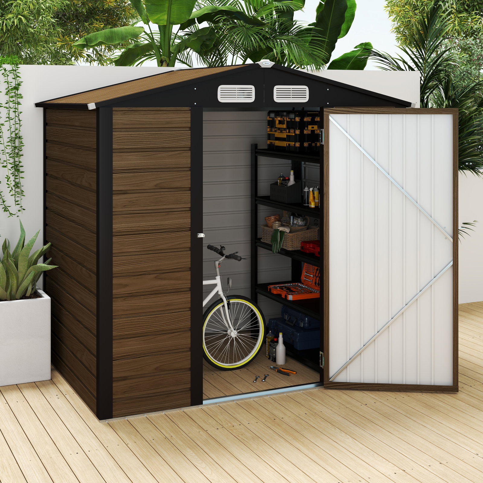 Abrigo de jardim 190x132x187 cm abrigo de ferramentas com 2 janelas de ventilação e porta com fechadura para pátio carvalho