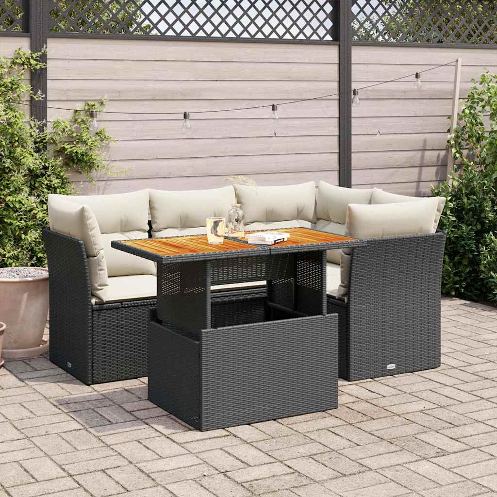 5 Pcs conjunto sofás de jardim com almofadões vime PE preto