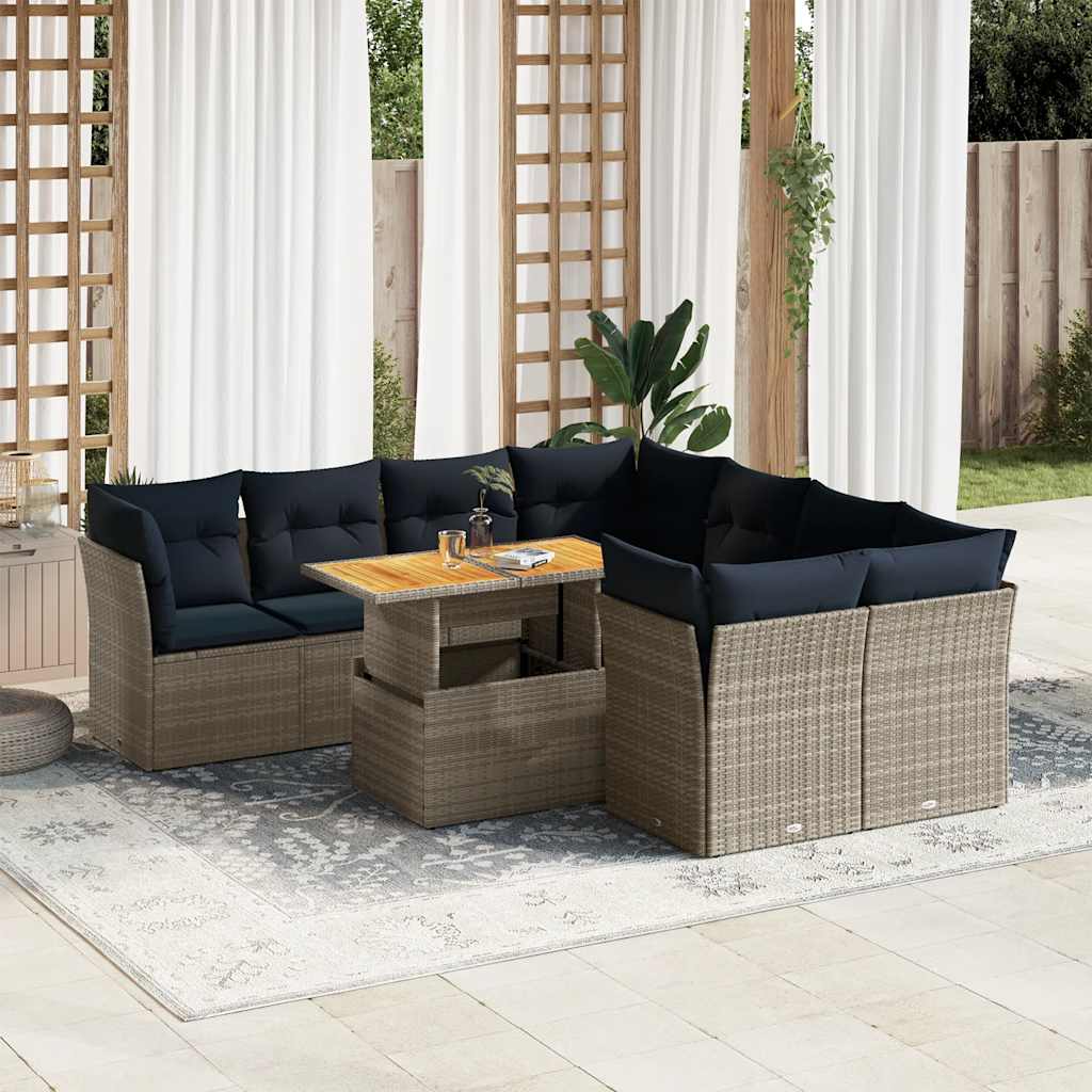 9 Pcs conjunto sofás p/ jardim com almofadões vime PE cinzento
