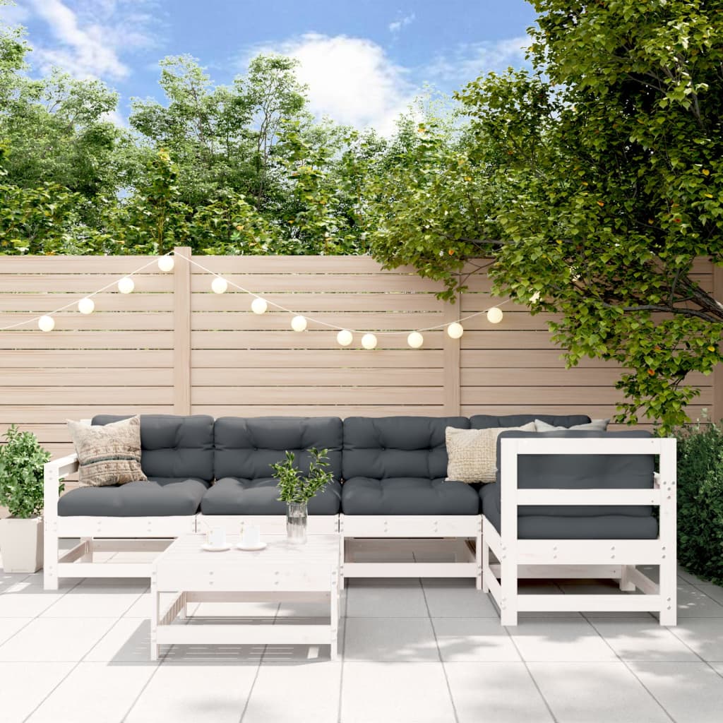 6Pcs conjunto lounge jardim c/ almofadões madeira maciça branco