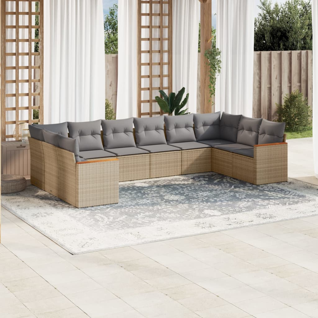 10 Pcs conjunto de sofás p/ jardim com almofadões vime PE bege