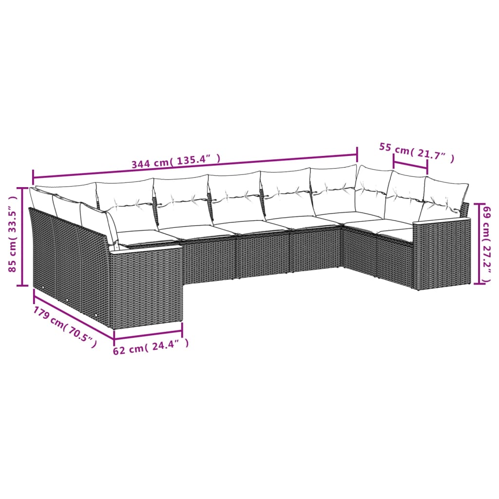 10 Pcs conjunto de sofás p/ jardim com almofadões vime PE bege