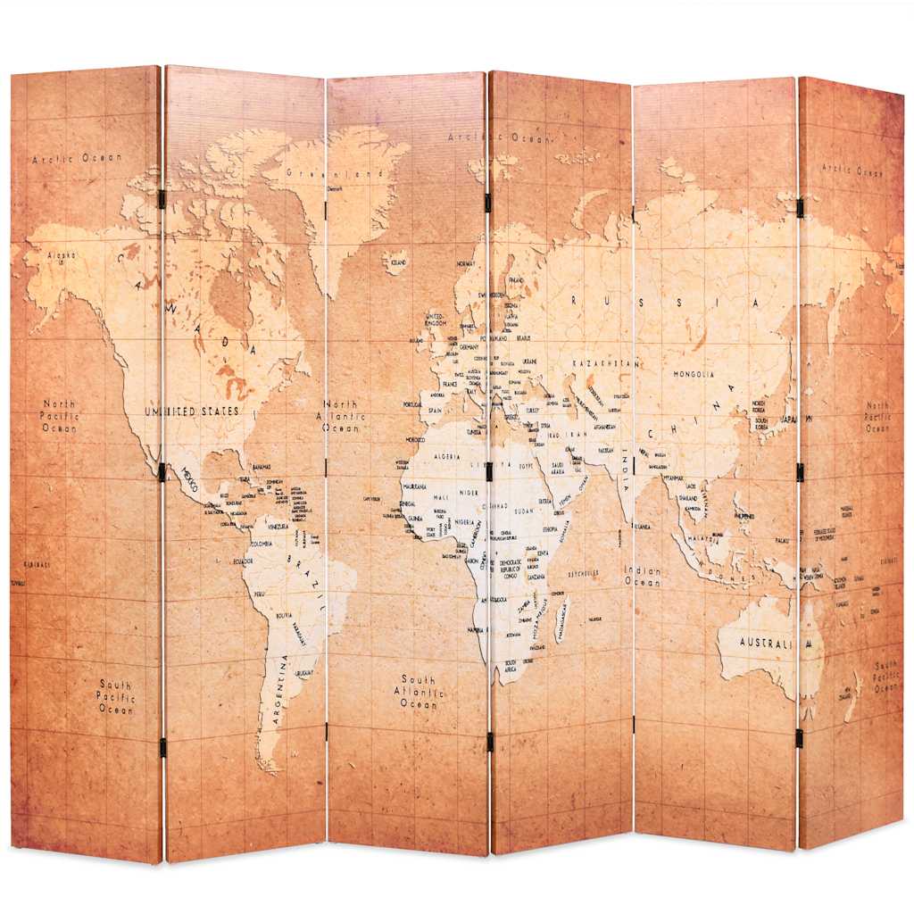 Biombo dobrável mapa mundo 228x170 cm amarelo
