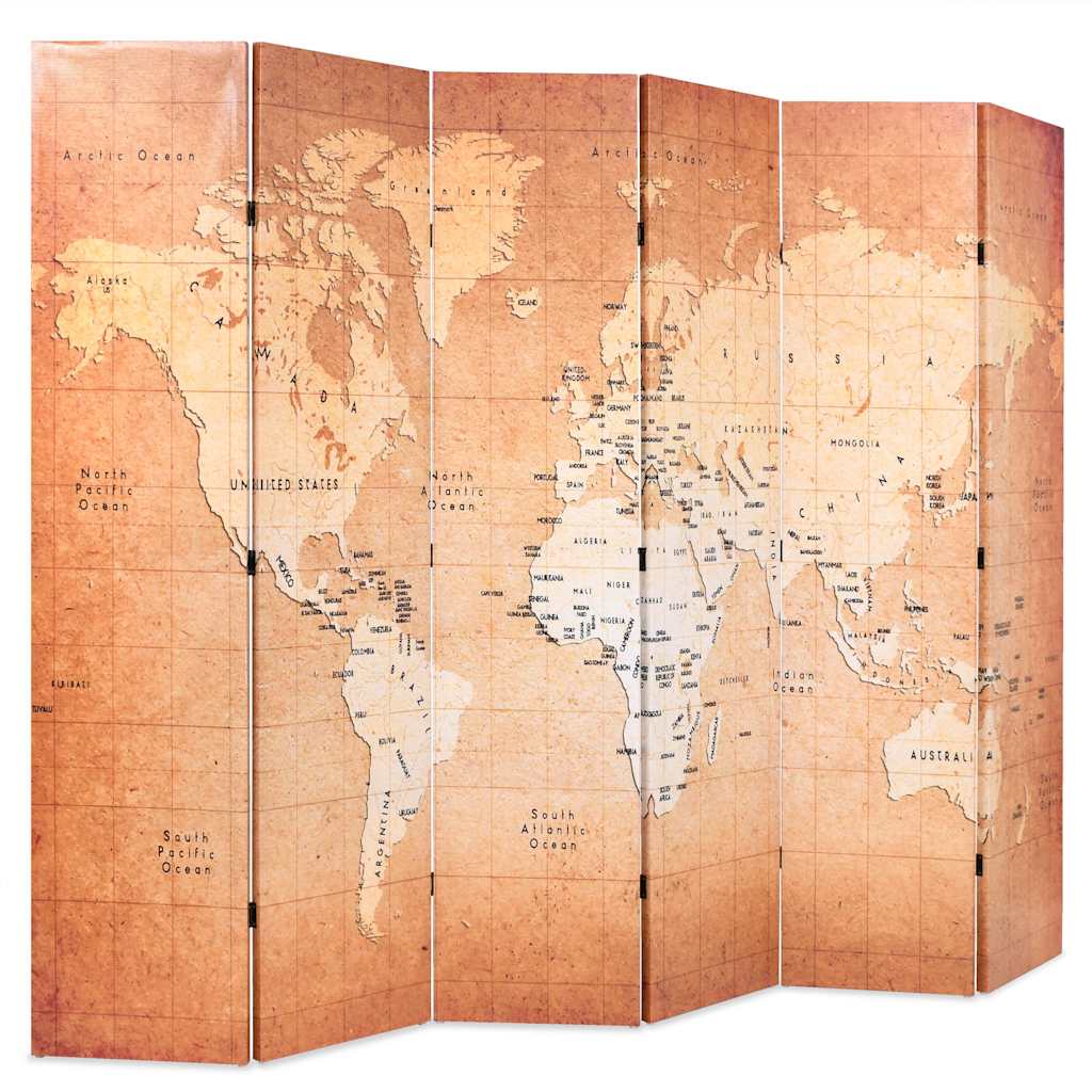 Biombo dobrável mapa mundo 228x170 cm amarelo