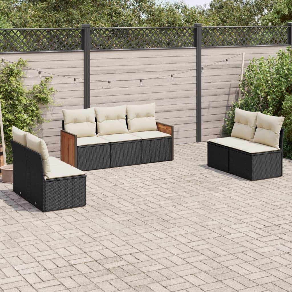 7 Pcs conjunto de sofás p/ jardim c/ almofadões vime PE preto