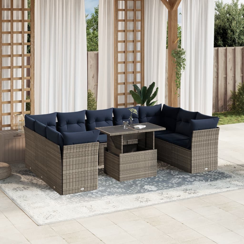 Conjunto de sofá de jardim com 10 peças e almofadas em rattan sintético cinza