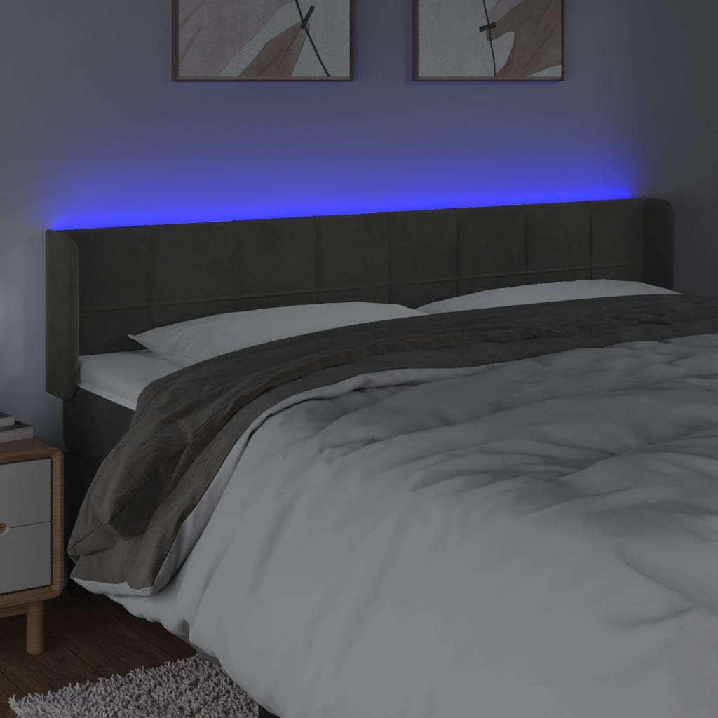 Cabeceira cama c/ luzes LED veludo 163x16x78/88cm cinza-escuro