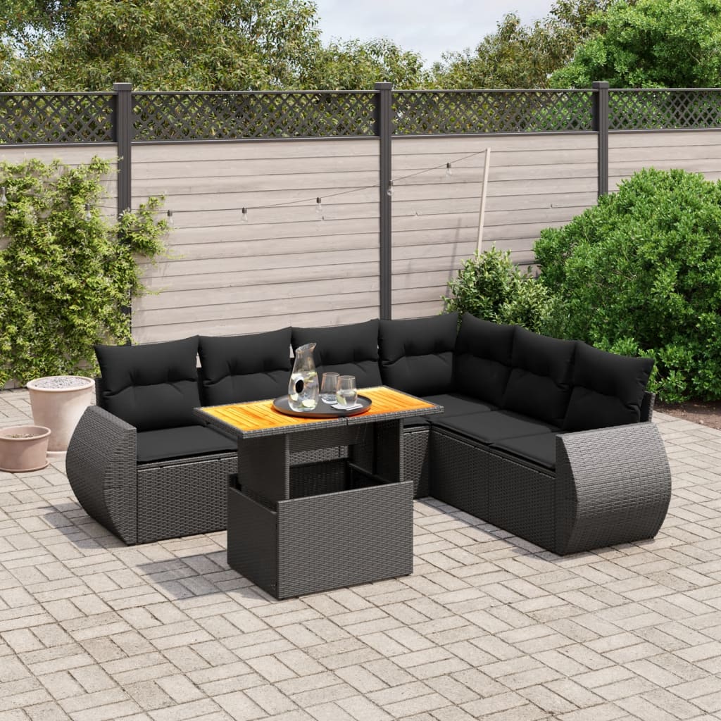 7 Pcs conjunto de sofás p/ jardim c/ almofadões vime PE preto