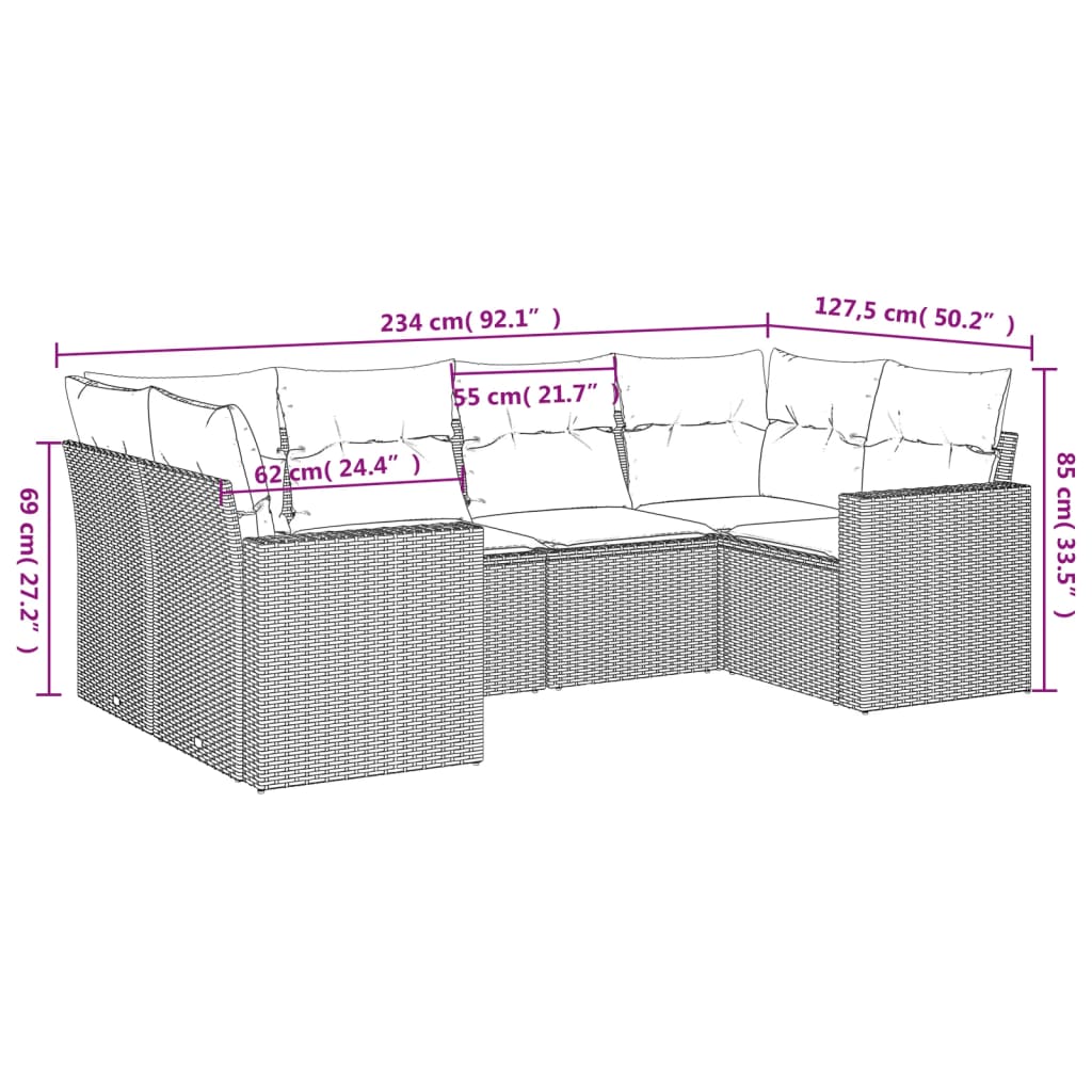 6 Pcs conjunto sofás de jardim c/ almofadões vime PE preto