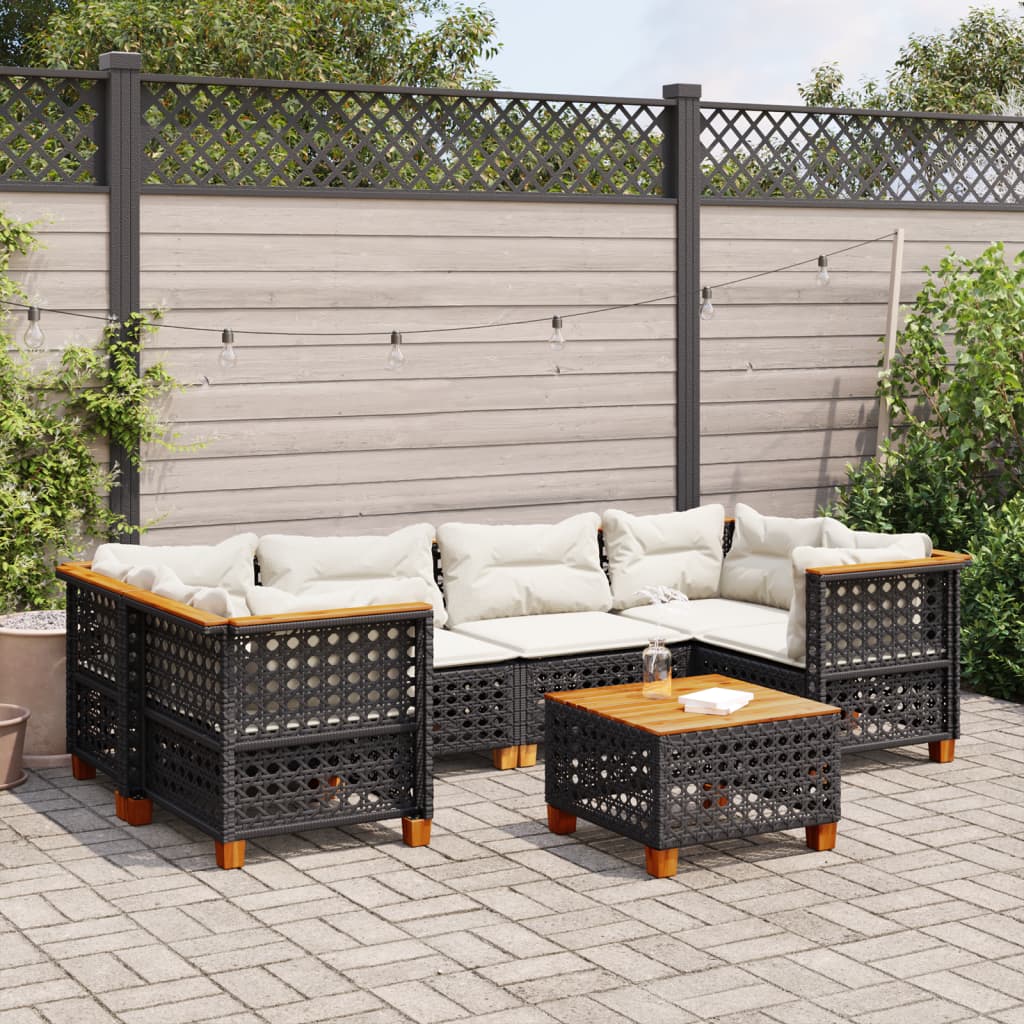 7 Pcs conjunto de sofás p/ jardim c/ almofadões vime PE preto