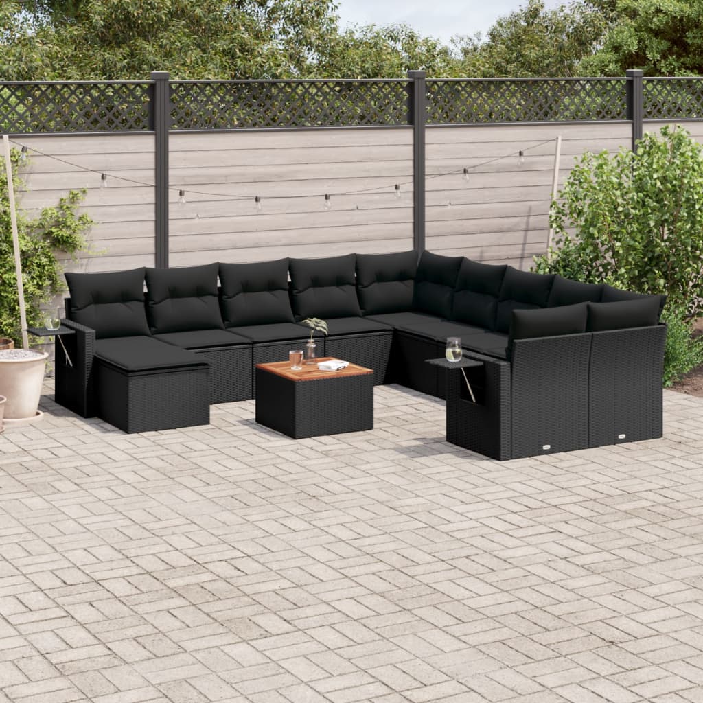 12 Pcs conjunto de sofás de jardim c/ almofadões vime PE preto
